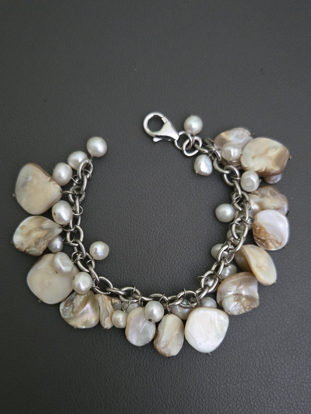 Pearl and Shell Charm Sterling Silver Bracelet - Cream Pearl Accent